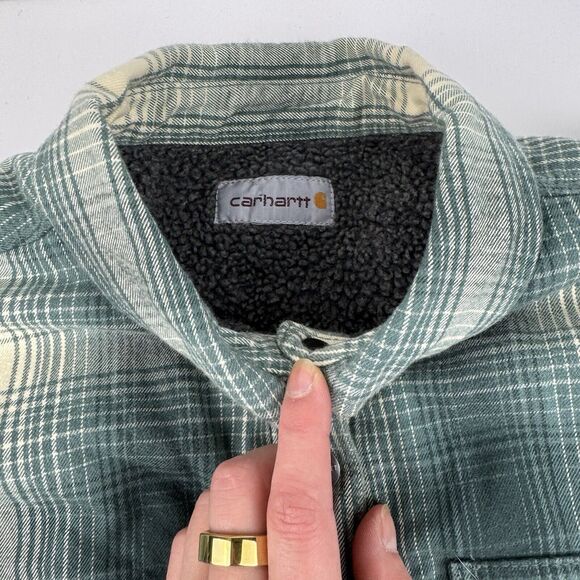 Carhartt Women's Jacket Large Fleece Lined Sherpa Flannel Snap Plaid Green - Picture 2 of 10